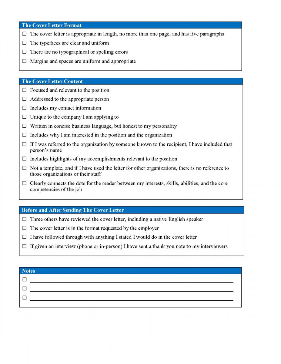 cover letter and checklist